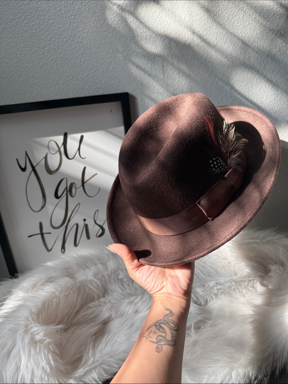 Bruno Capelo 100% Wool Brown Felt Fedora Hat with Feather Accent